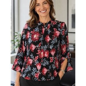 LOFT Black Red Floral Polka Dot Blouse Size M Bell Sleeve Mock Neck Lace Trim